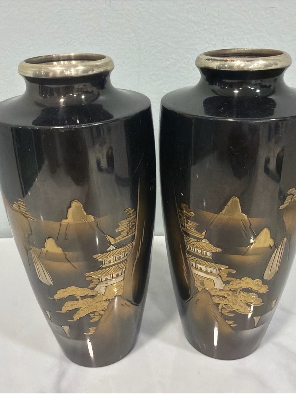 Black and Gold Decorative Ceramic Vases - Pair